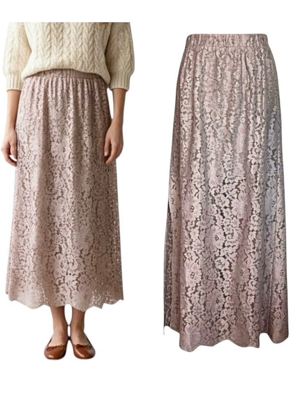 NWT Gold Hawk Flora Lace Midi Skirt Sz L Beige Side Slit Romantic Fairy 90s Y2K
